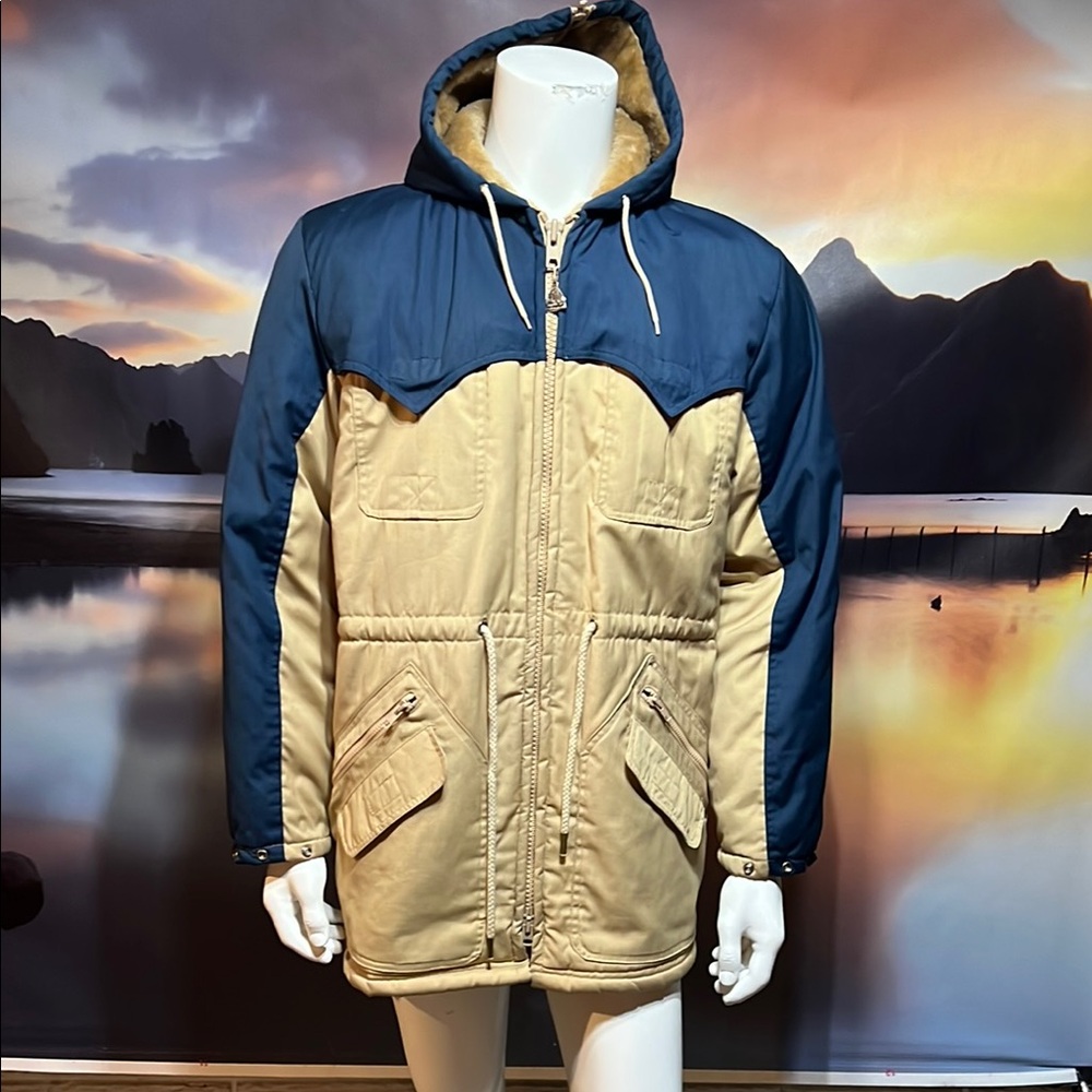 Vintage 2 Tone split hoodie Western coat Beige Blue